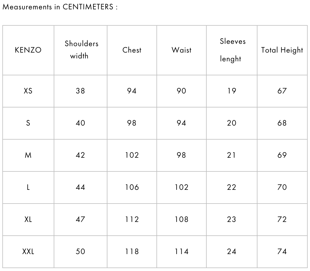 Kenzo shirt on sale size chart