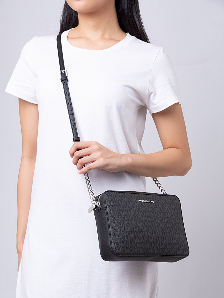 Michael Kors Jet Set Item Signature Large Crossbody Black Silver