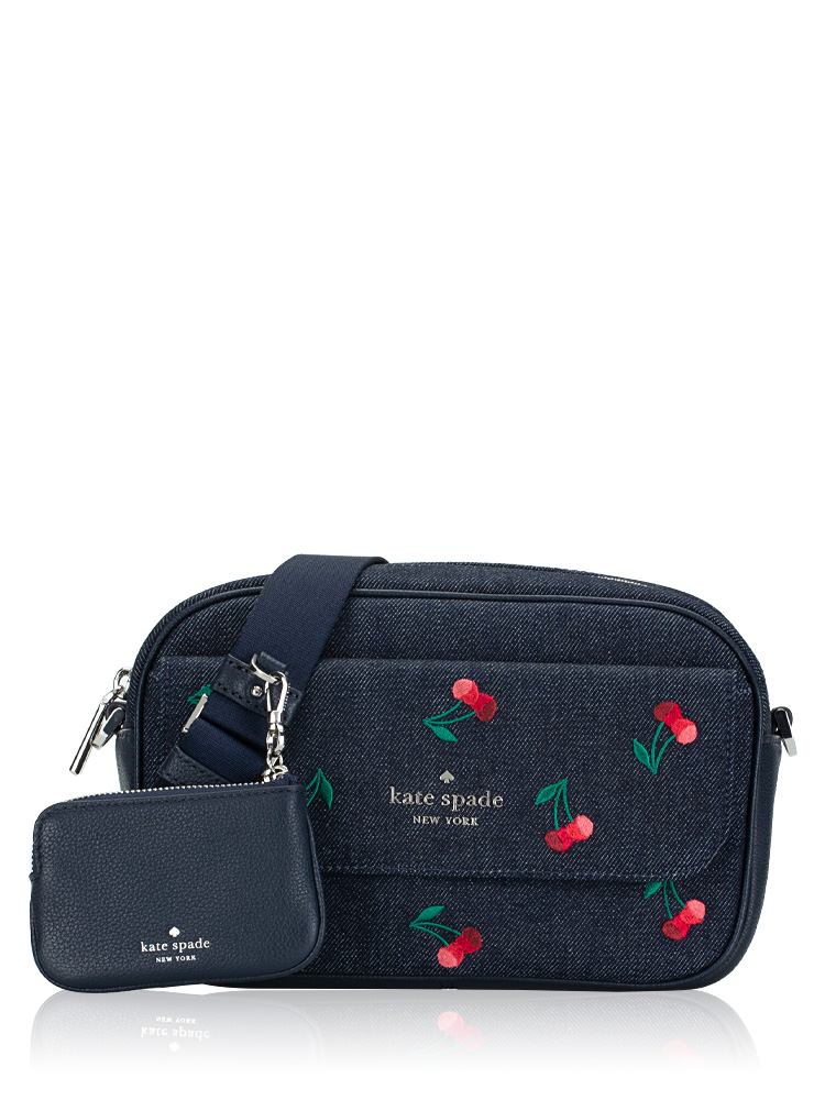 Kate Spade Denim Rosie Embroidered Cherries NS Phone Crossbody + Zip Pouch Coin
