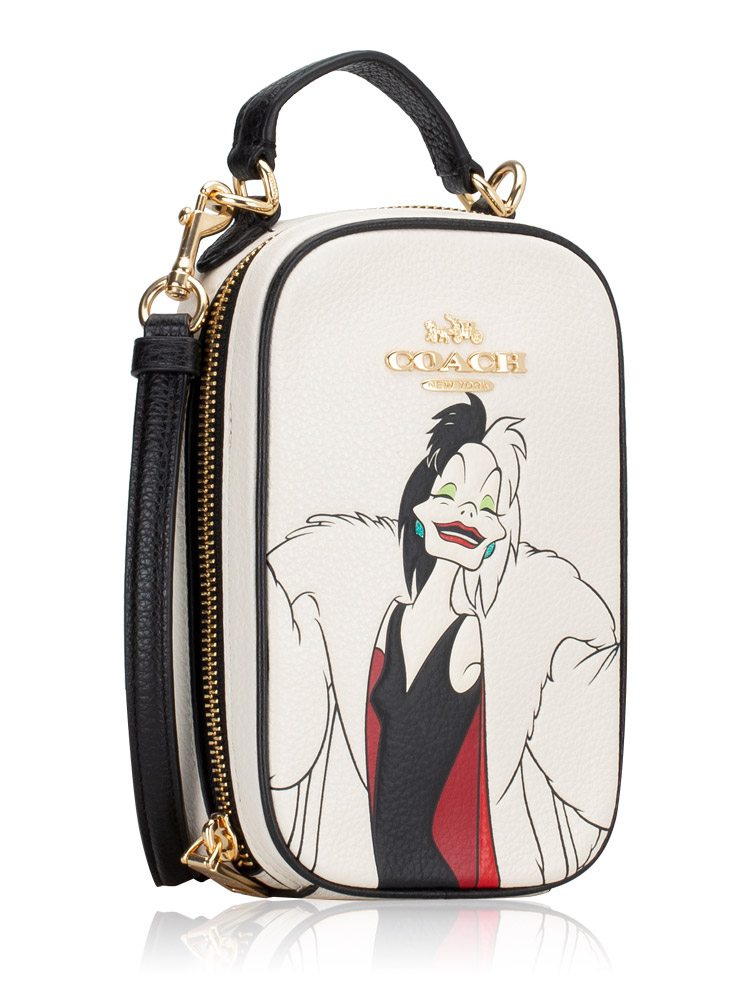 disney x coach eva phone crossbody with cruella motif