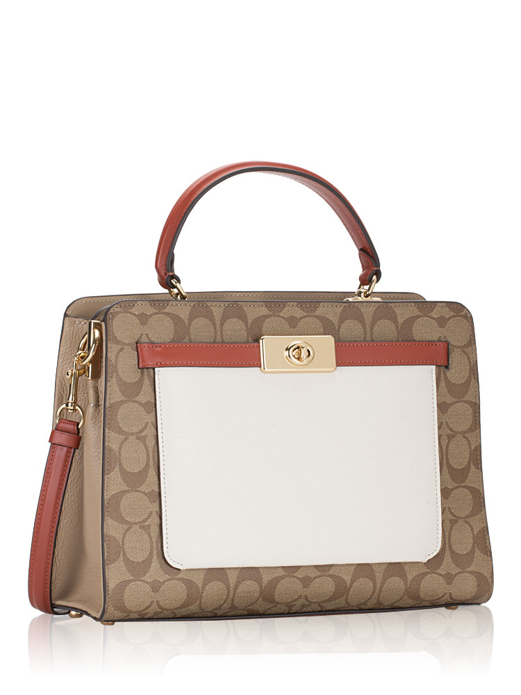 Coach C8208 Signature Lane Carryall Colorblock Satchel Bag Khaki
