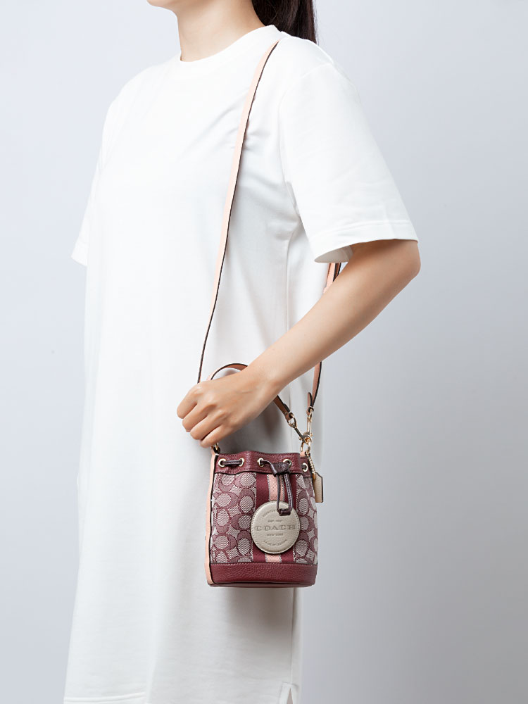 Coach C8322 Signature Jacquard Stripe Patch Mini Dempsey Bucket Bag Wine Multi