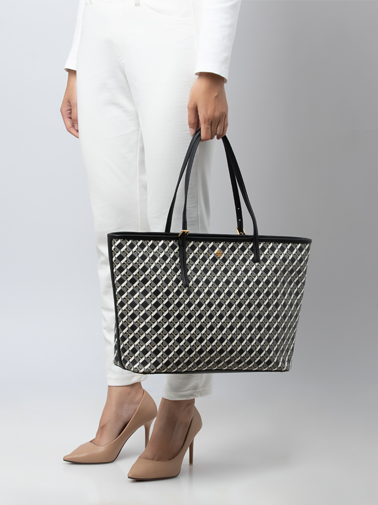Tory Burch Geo Logo Allover Top Zip Tote Black