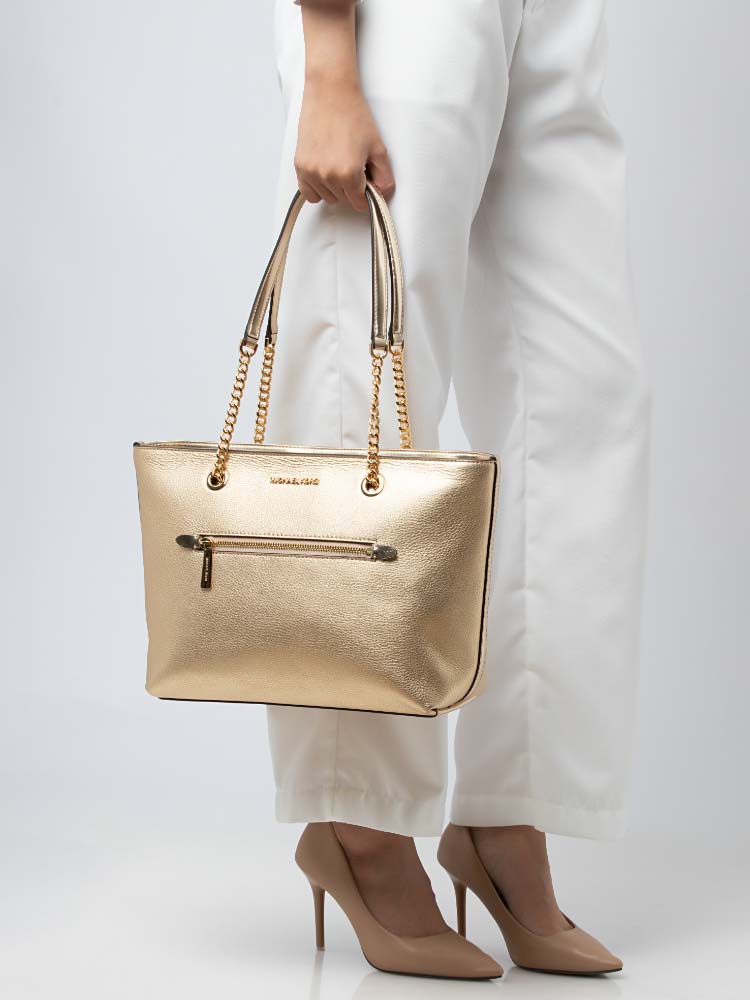Michael Kors Jet Set Item Leather Medium Front Zip Chain Tote Pale