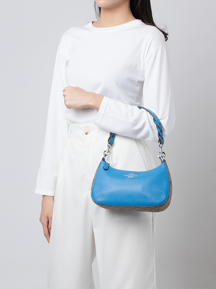 Coach CJ590 Signature Teri Leather Shoulder Bag Khaki Racer Blue