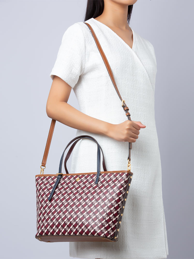 Tory Burch Geo Logo Allover Colorblock Mini Zip Tote Crimson Red Ivory Neutral