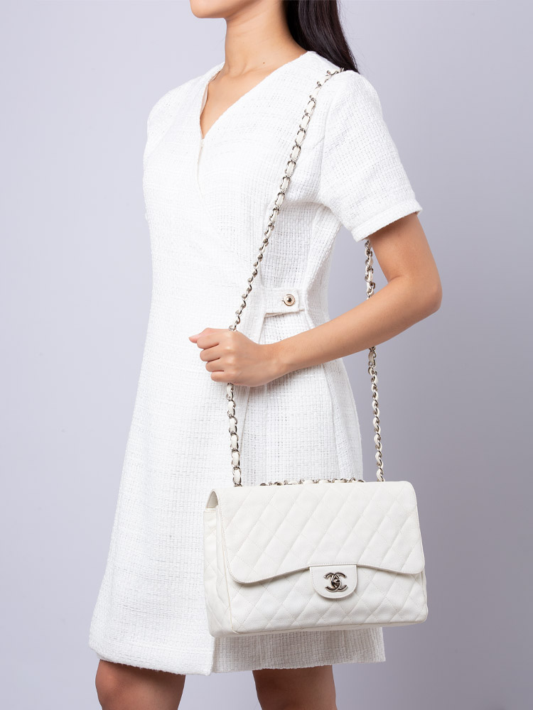 Chanel Caviar Jumbo Classic Single Flap Bag White