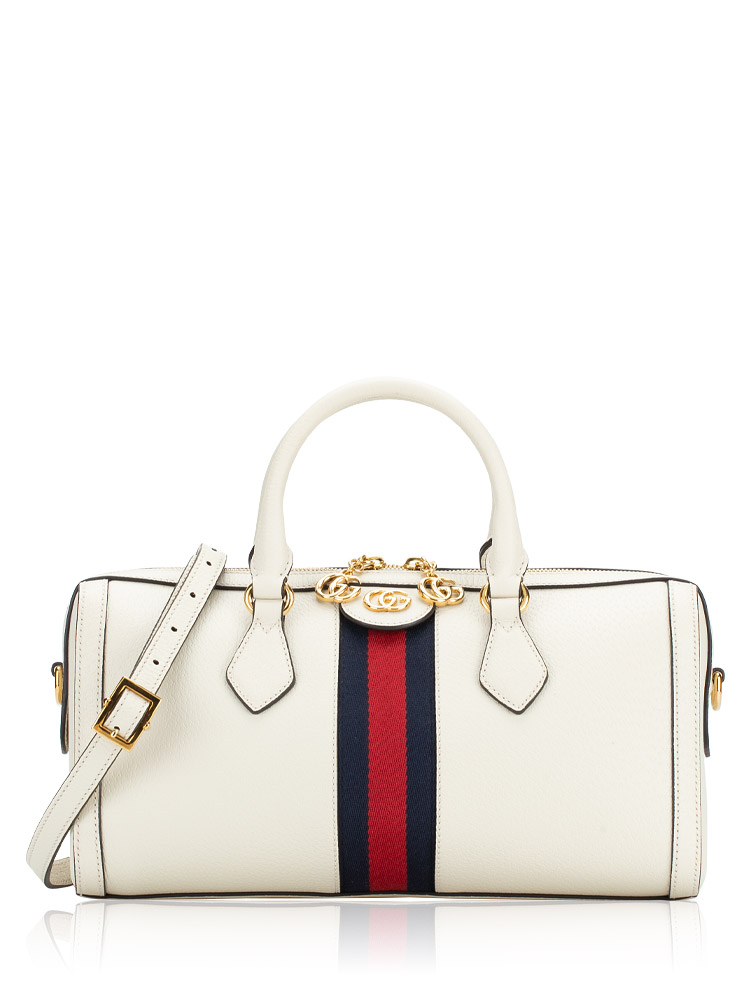 Gucci Calfskin Web Ophidia Medium Boston Bag White