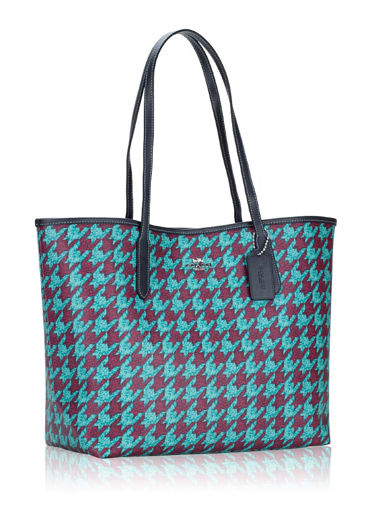 Coach CJ626 Houndstooth Print City Tote Teal Wine