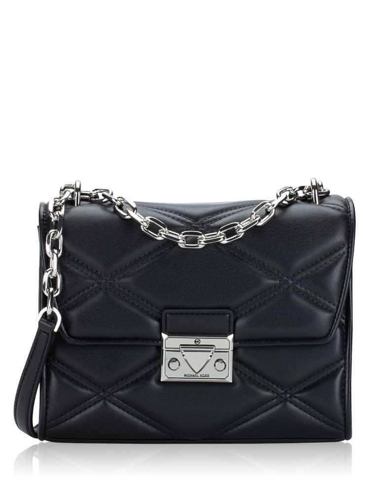 Michael Kors Serena Quilted Medium Shoulder Bag Black Silver