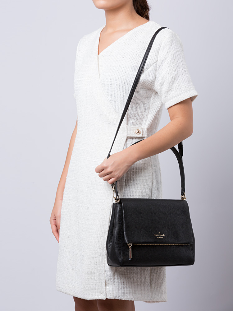 Kate Spade Leila Pebbled Leather Medium Flap Shoulder Bag Black Gold