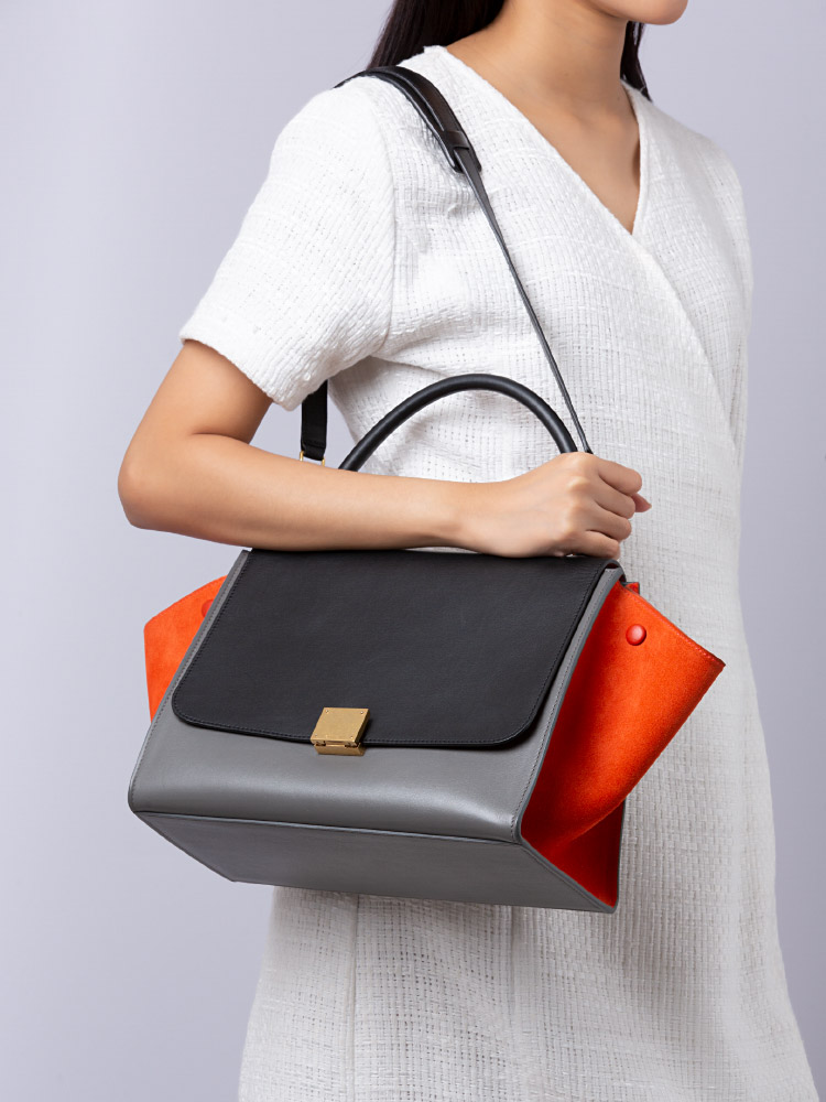 Celine Tri Color Medium Trapeze Black Grey Orange