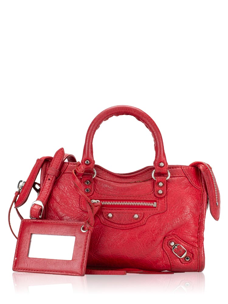 Balenciaga Classic Silver Nano City with Logo Strap Rouge Cardinal
