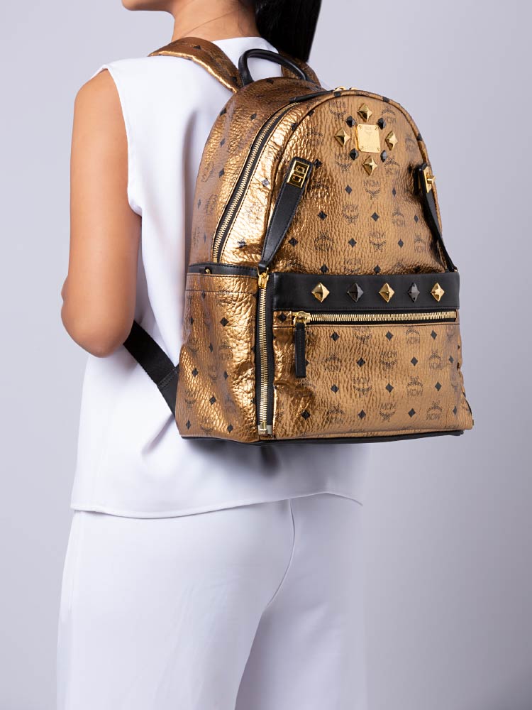 Mcm Visetos Retro Dual Studded Stark Medium Backpack Gold