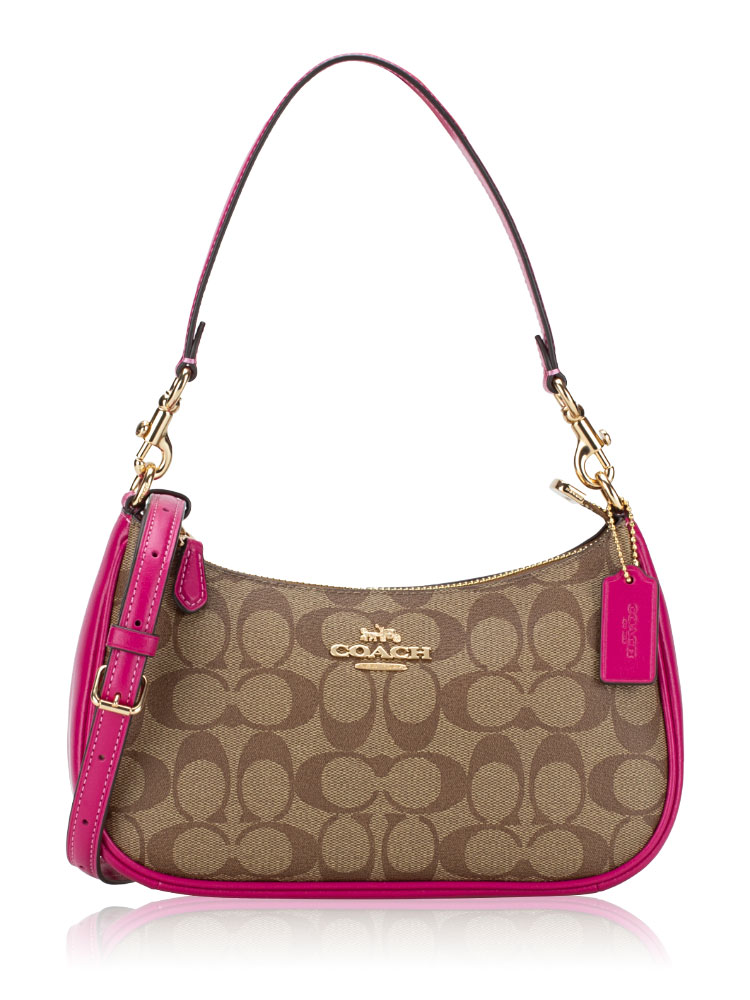 Coach CM714 Signature Canvas Teri Shoulder Bag Khaki Cerise
