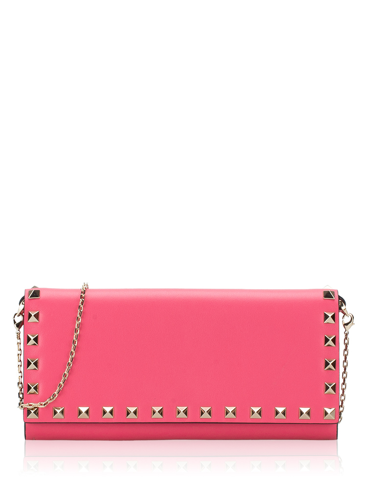 Valentino Vitello Rockstud Flap Wallet on Chain Pink