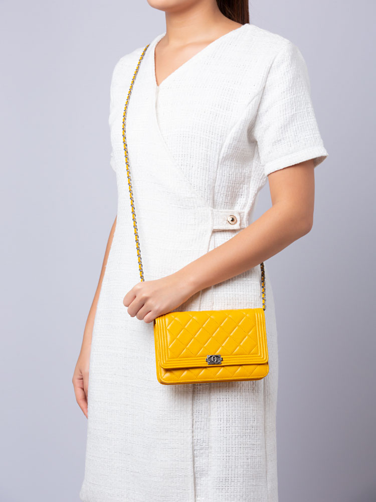 Chanel Lambskin Boy Wallet On Chain WOC Yellow