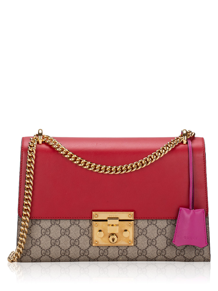 Gucci GG Supreme Padlock Medium Shoulder Bag Hibiscus Red New Rosette