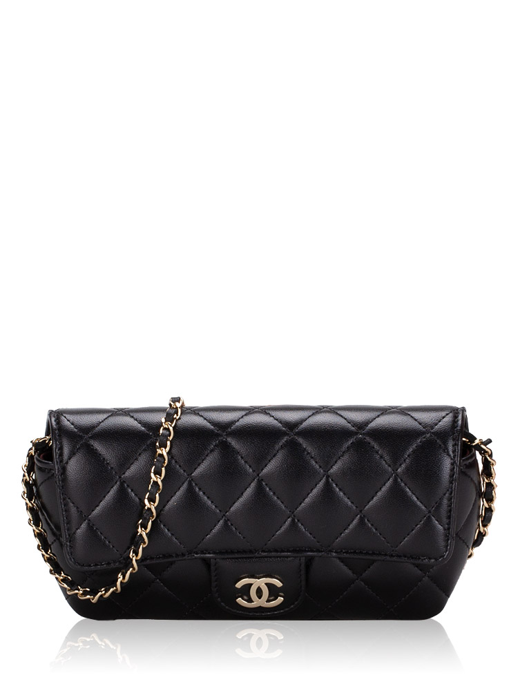 Chanel Lambskin Classic Phone Holder With Chain Black