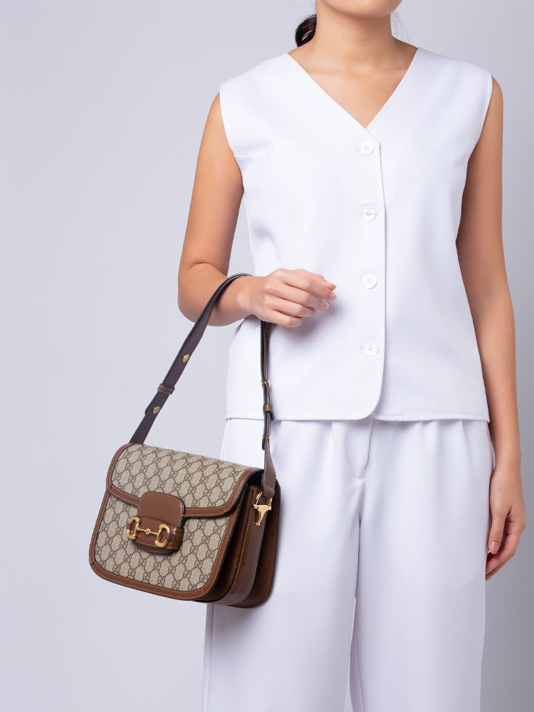 Gucci GG Supreme Horsebit 1955 Shoulder Bag Beige Ebony Brown