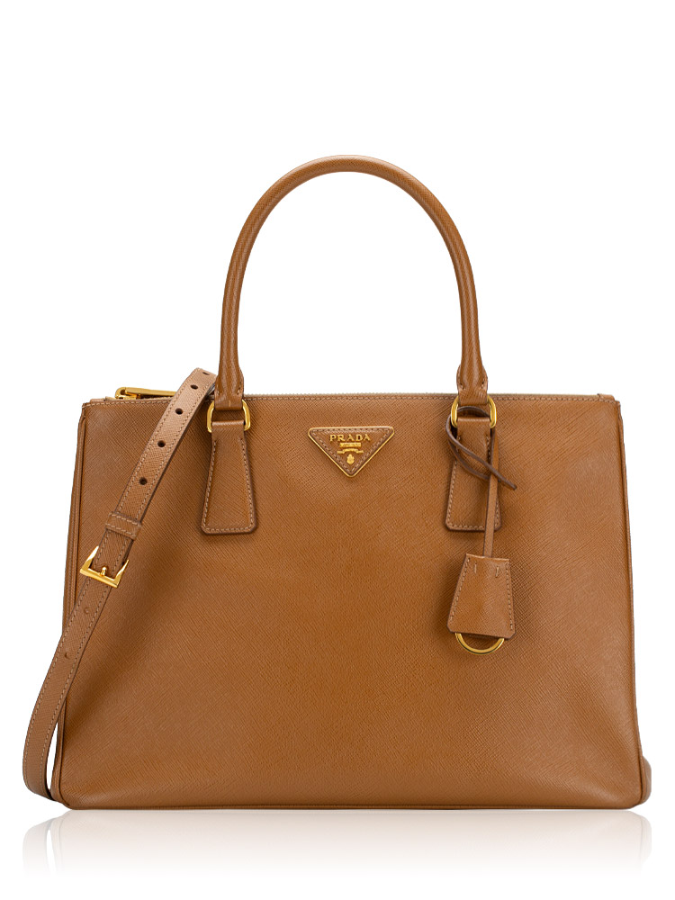 Prada 1BA274 Saffiano Lux Double Zip Tote Caramel