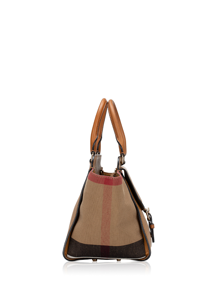 Burberry Mega Check Calfskin Harcourt Medium Tote Saddle Brown