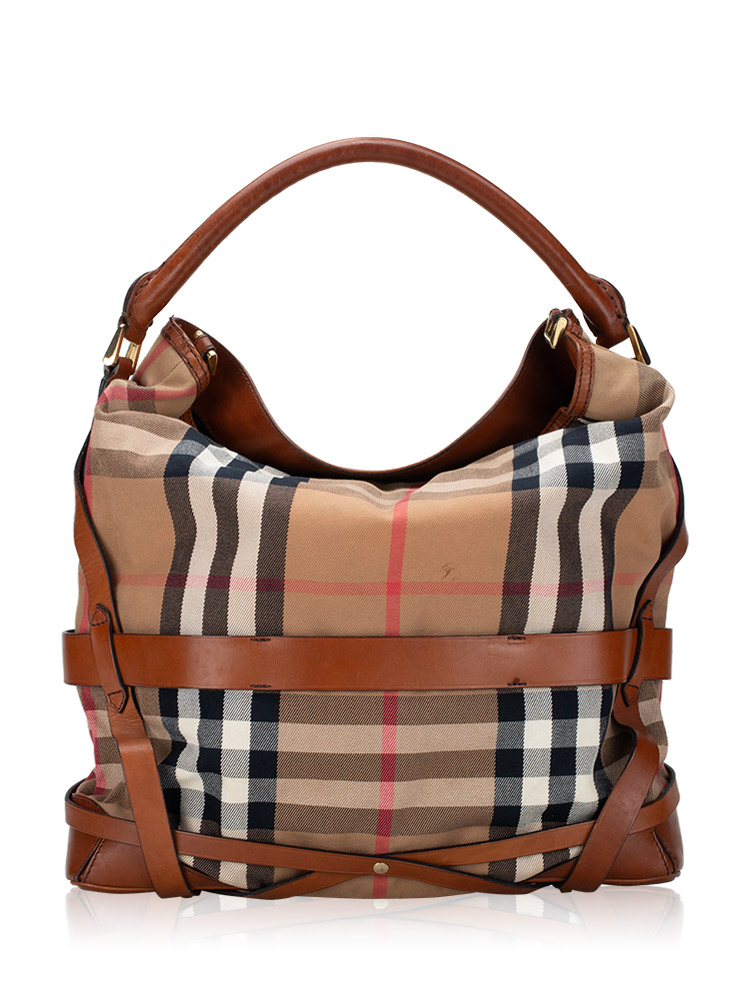 Burberry House Check Bridle Gosford Medium Hobo Dark Tan