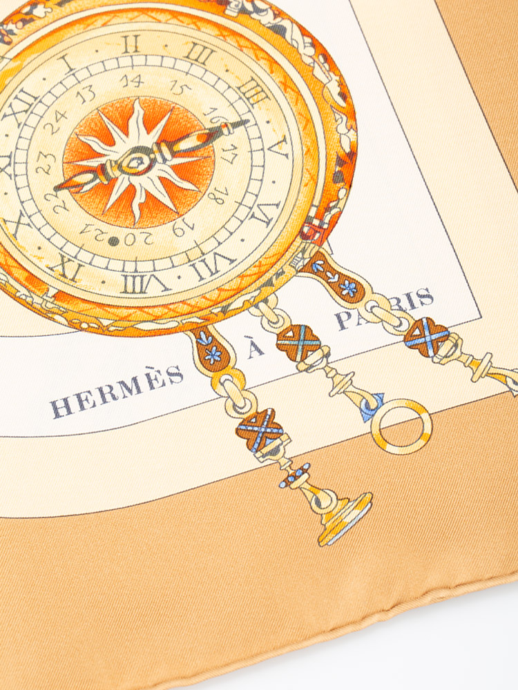 Hermes La Ronde des Heures 90 Silk Scarf Light Brown