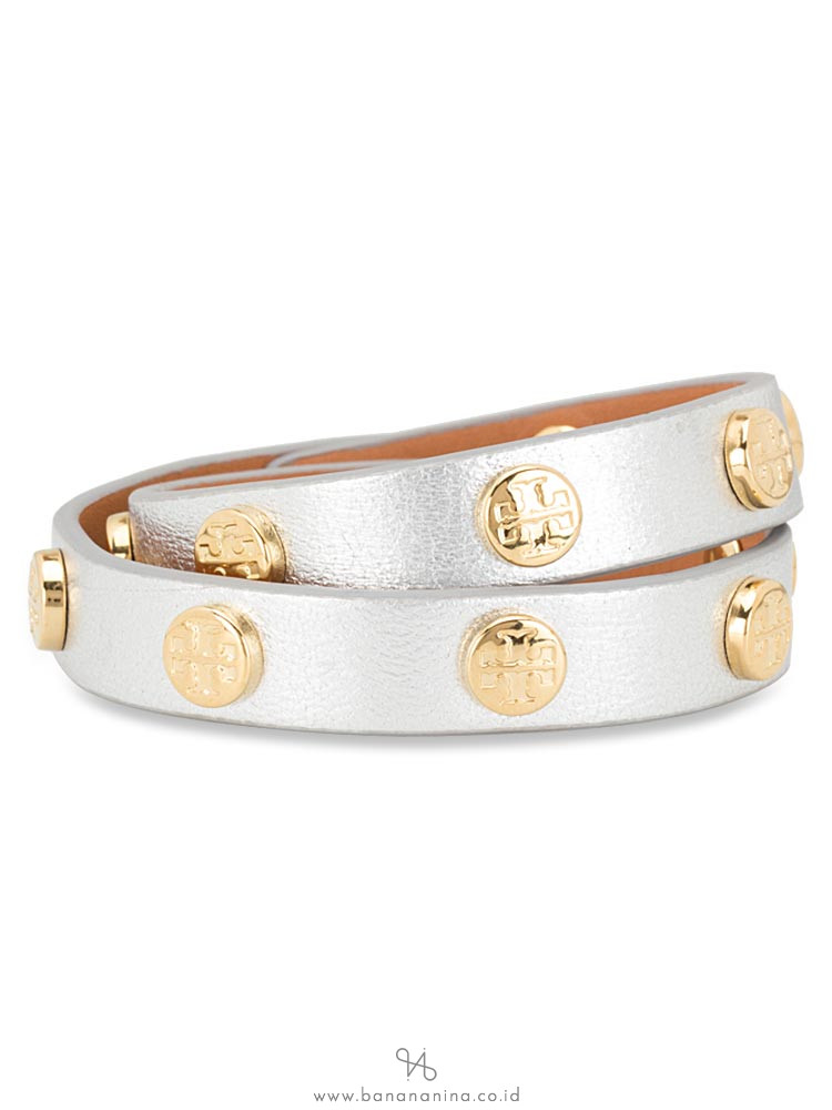 TORY BURCH Leather Logo Stud Double Wrap Bracelet Silver Gold