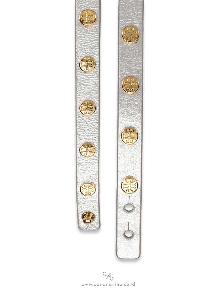TORY BURCH Leather Logo Stud Double Wrap Bracelet Silver Gold