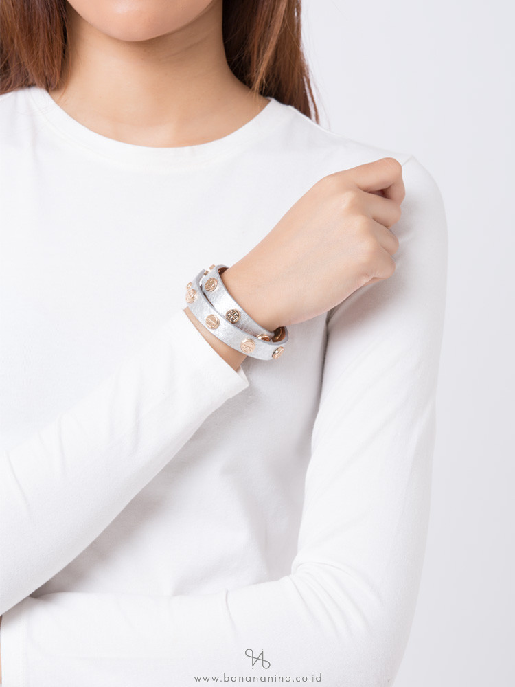 TORY BURCH Leather Logo Stud Double Wrap Bracelet Silver Gold