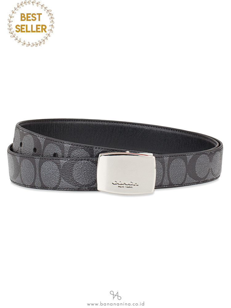COACH Men 65242 Signature Plaque Heritage Belt Gift Box Charcoal Black