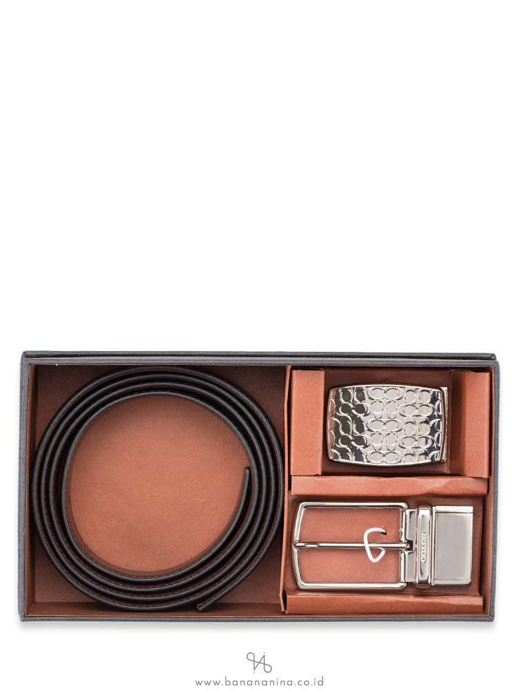 COACH Men 65186 Plaque Signature Belt Box Set Black Brown