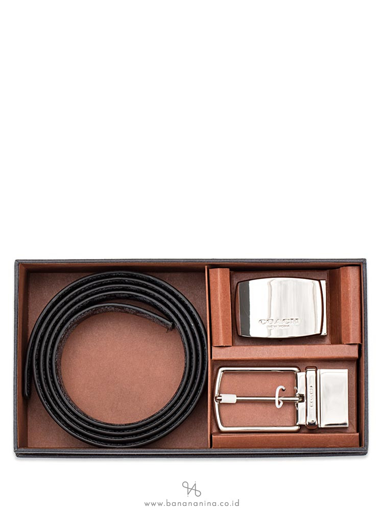 COACH Men 65242 Signature Plaque Heritage Belt Gift Box Charcoal Black