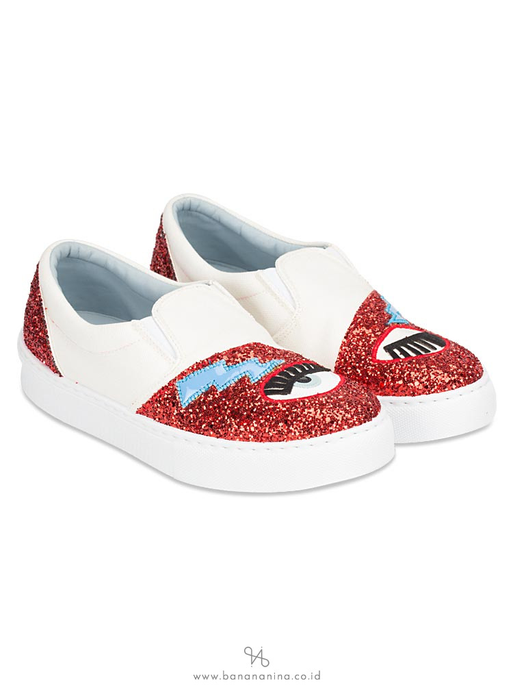 CHIARA FERRAGNI Glitter Eyes Superhero Slip On Sneakers Bianco Red Sz 37