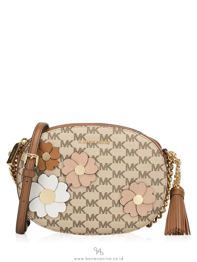 MICHAEL KORS Floral Applique Signature Ginny Medium Messenger Natural Luggage