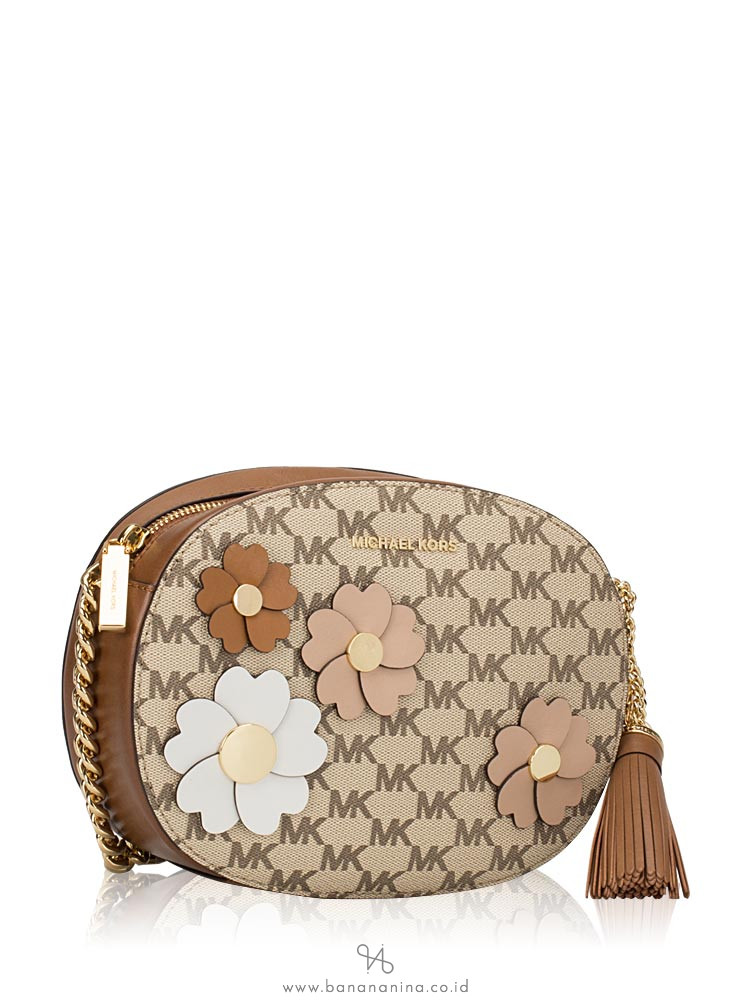 MICHAEL KORS Floral Applique Signature Ginny Medium Messenger Natural Luggage