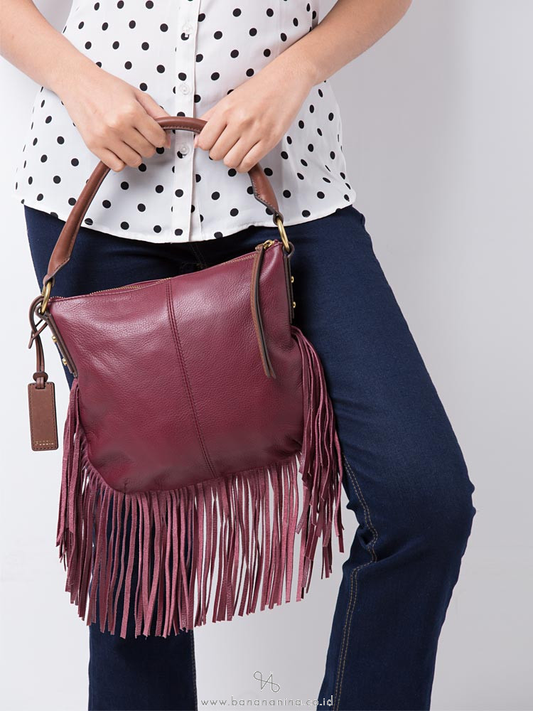 FOSSIL SHB1477609 Molly Fringe Leather Hobo Wine