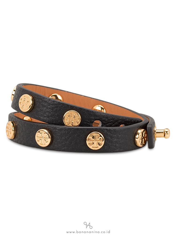 TORY BURCH Leather Logo Stud Double Wrap Bracelet Black Tan