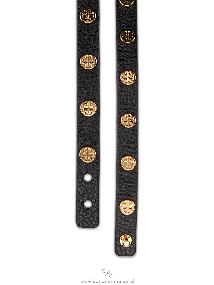 TORY BURCH Leather Logo Stud Double Wrap Bracelet Black Tan
