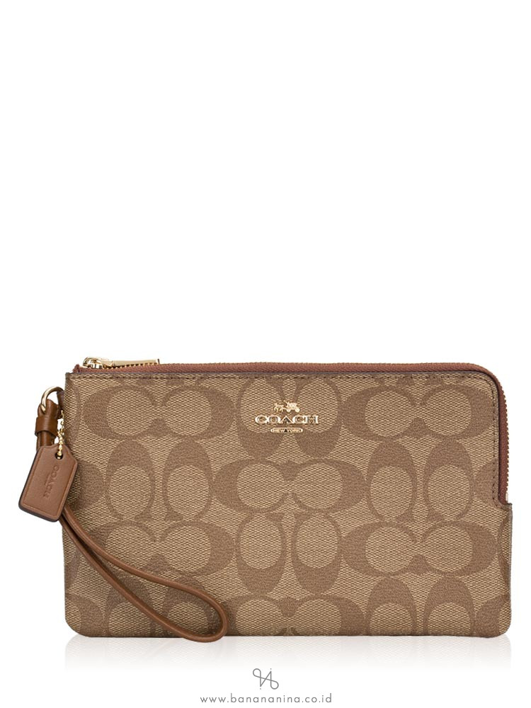 COACH 16109 Signature Double Zip Wallet Khaki Saddle