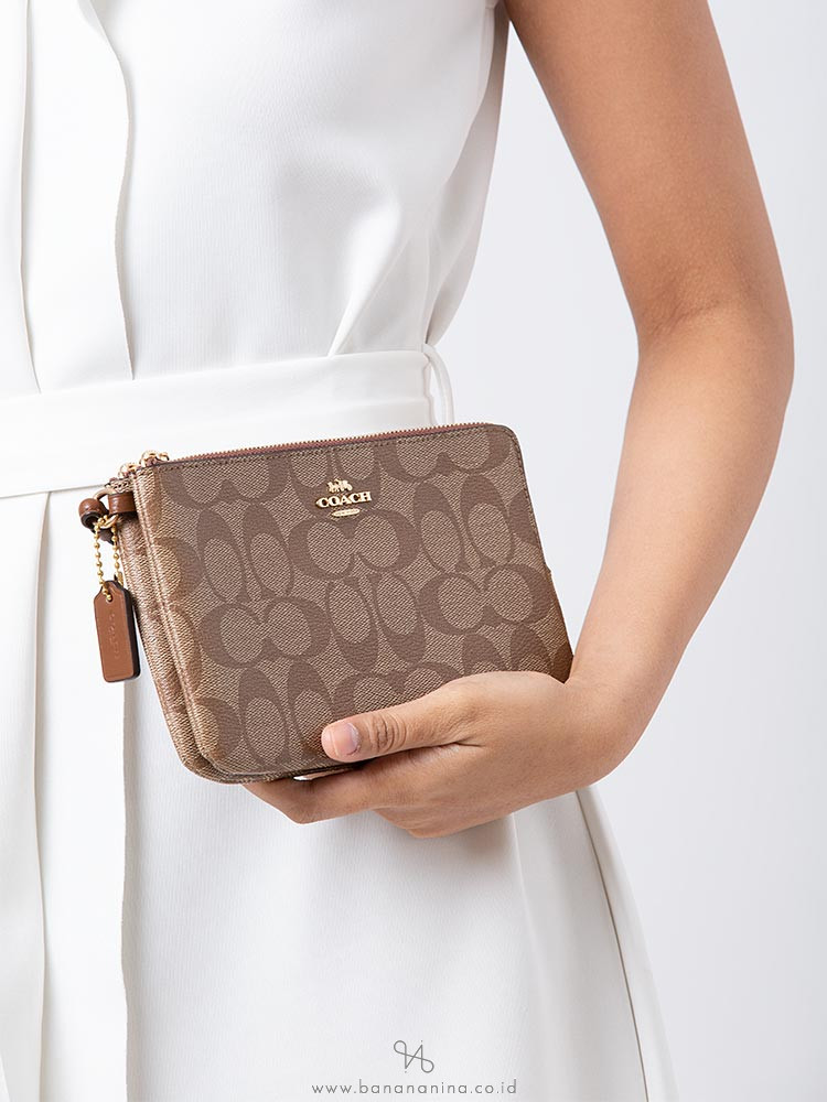 COACH 16109 Signature Double Zip Wallet Khaki Saddle
