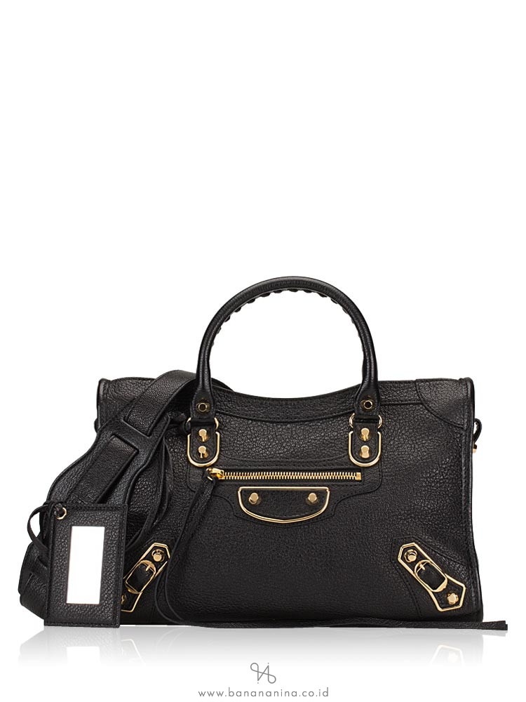 BALENCIAGA Gold Metallic Edge Small City Black