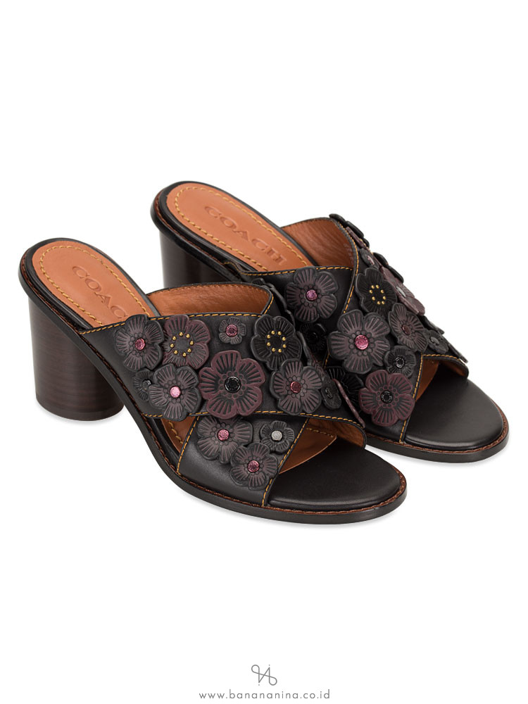 COACH Tea Rose Leather Mules Black Multi Sz 7