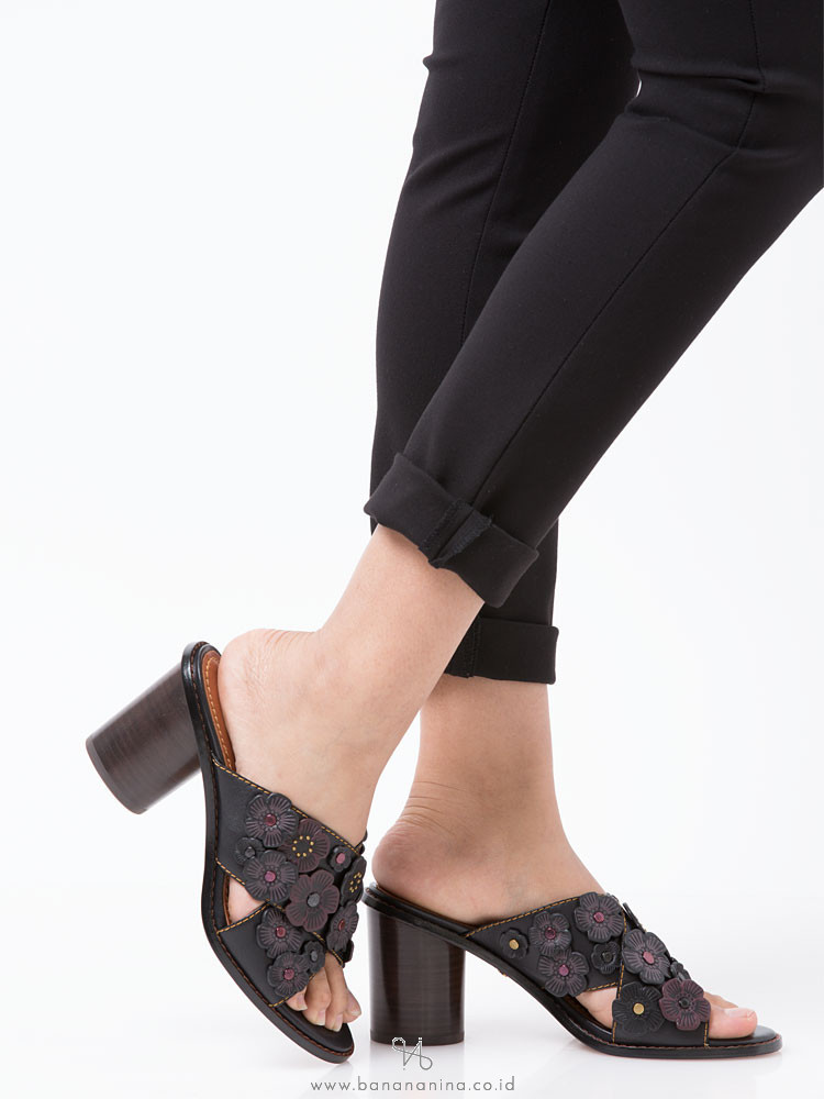 COACH Tea Rose Leather Mules Black Multi Sz 7