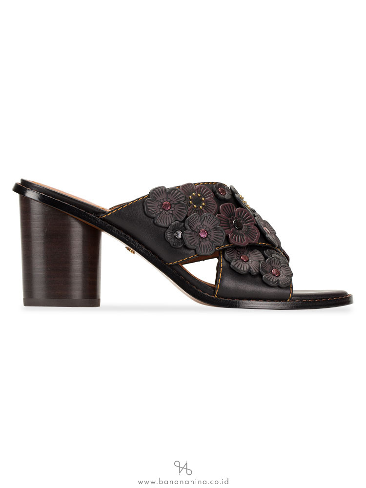 COACH Tea Rose Leather Mules Black Multi Sz 7