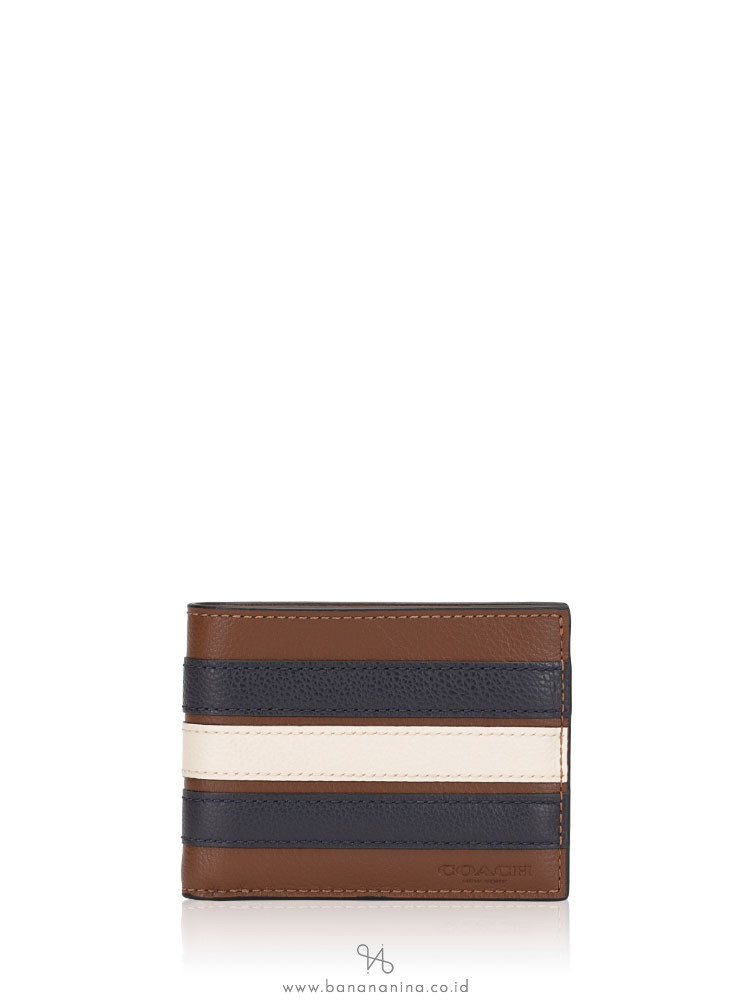 COACH Men 26171 Slim Varsity Leather Billfold Wallet Saddle Midnight Navy Chalk