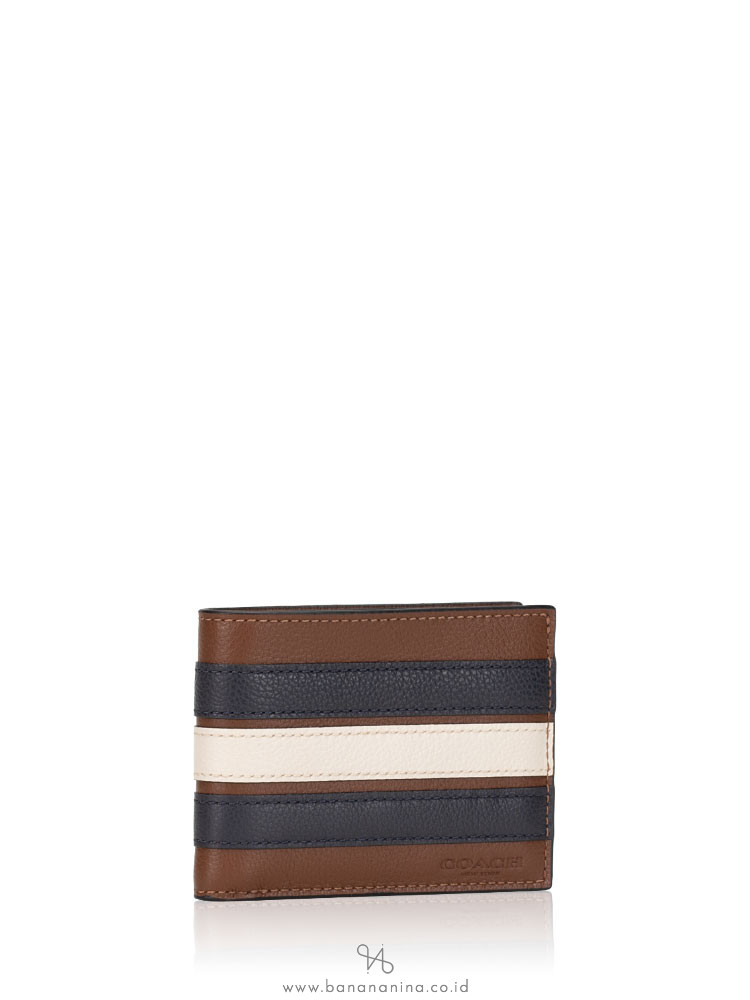 COACH Men 26171 Slim Varsity Leather Billfold Wallet Saddle Midnight Navy Chalk