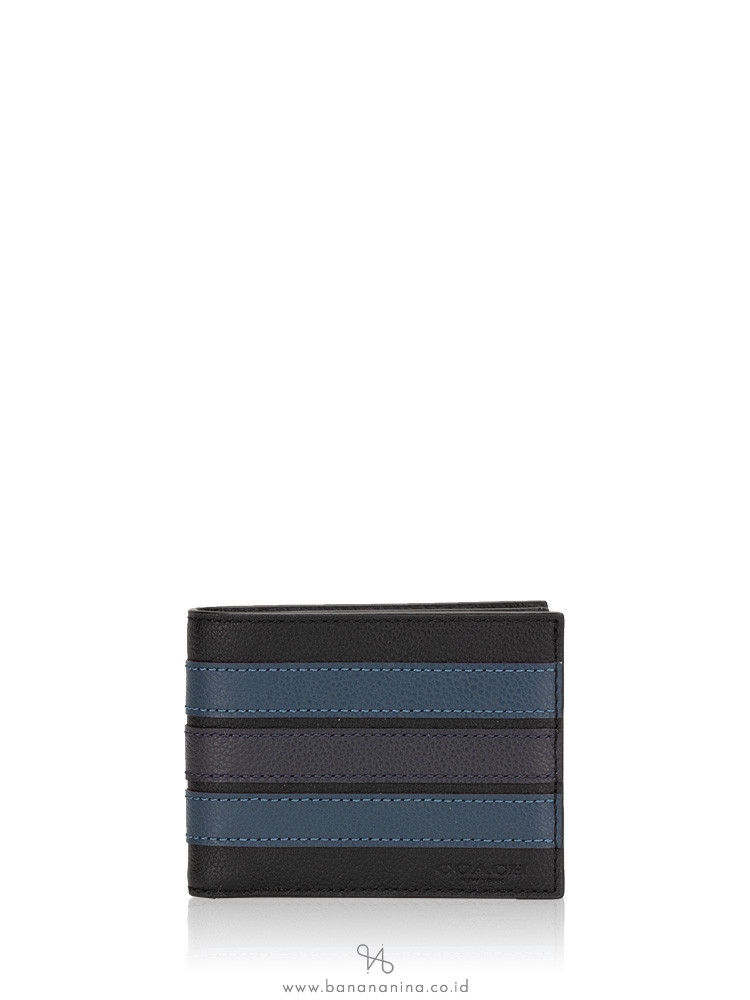 COACH Men 26171 Slim Varsity Leather Billfold Wallet Black Denim Midnight Navy