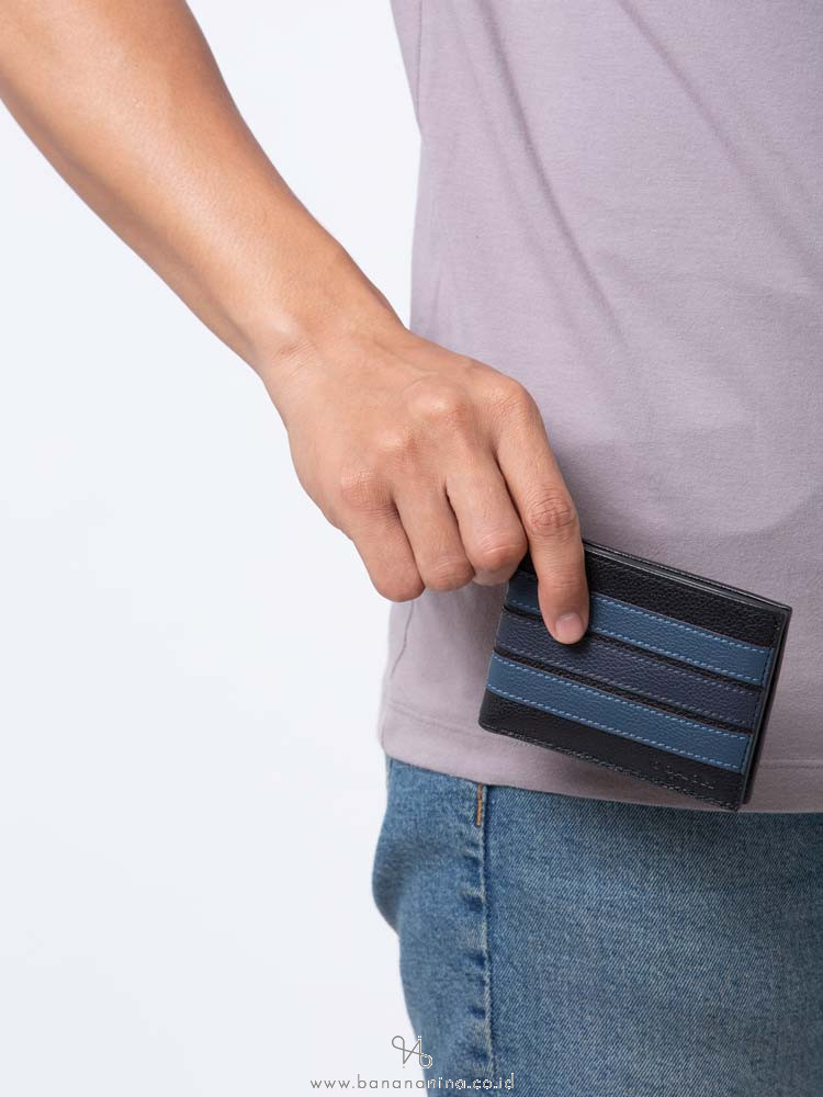 COACH Men 26171 Slim Varsity Leather Billfold Wallet Black Denim Midnight Navy